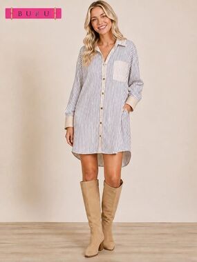 BURU Mixed Stripe Oversized Button Down Shirt Dress Navy Beige